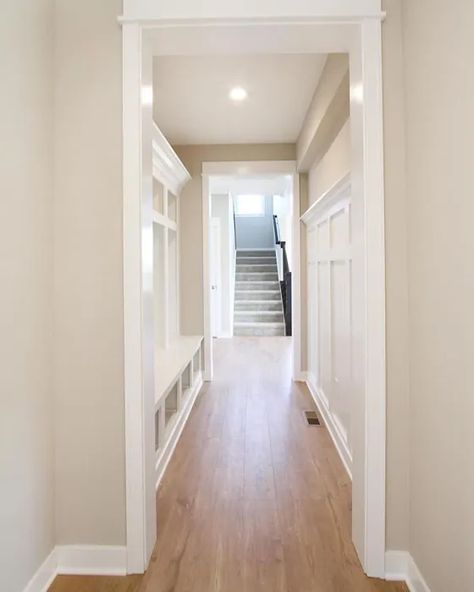 Sherwin Williams Wordly Gray Hallway Sw Wordly Gray Paint, Wordly Gray, Gray Hallway, Grey Kitchen Walls, Grey Hallway, Hallway Paint, Sherwin Williams Gray, Hallway Colours, House Paint Interior