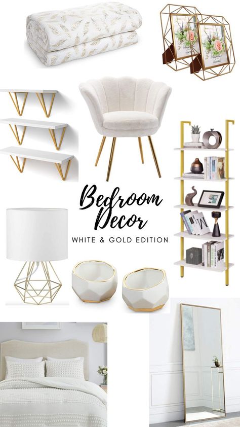 White Grey And Gold Bedroom Ideas, Bedroom With White And Gold Furniture, Sage White Gold Bedroom, Luxe Bedroom Glamour White, Gray White And Gold Bedroom Ideas, Brushed Gold Bedroom Decor, Cream Gold And White Bedroom, White Gold And Gray Bedroom, White And Gold Bedroom With Plants