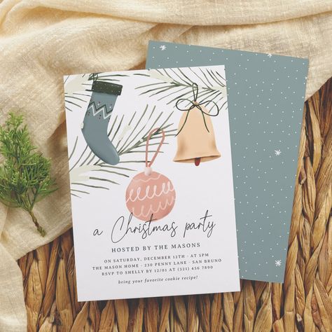 A Christmas Party | Modern Ornaments Holiday Party Invitation Modern Christmas Party, Modern Ornaments, Christmas Party Host, Snow Pattern, Pine Boughs, Holiday Party Invitation, Christmas Holiday Party, Christmas Party Invitation, Holiday Party Invitations