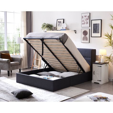 Latitude Run® Gaillarde Hydraulic Lift Up Storage Upholstered Platform Bed & Reviews - Wayfair Canada Modern Storage Beds, Lift Up Storage Bed, Lift Storage Bed, Headboard Wood, Storage Bed Queen, Fabric Upholstered Bed, Velvet Bed Frame, Grey Bed Frame, Headboard With Shelves