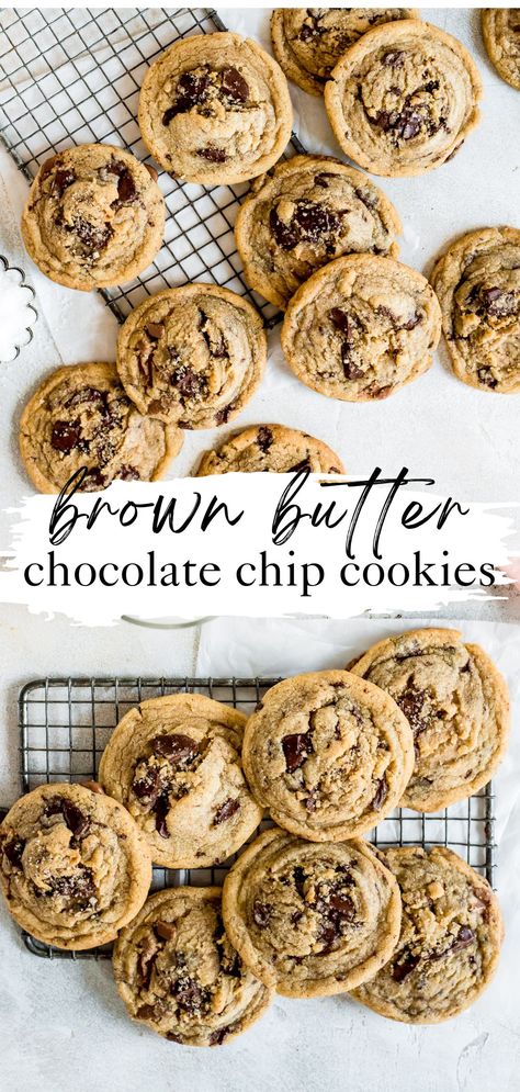 brown butter chocolate chip cookies on wire rack Broma Bakery Brown Butter Chocolate Chip Cookies, Southern Chocolate Chip Cookies, Brown Butter Chocolate Chip Cookies No Chill, Southern Living Brown Butter Chocolate Chip Cookies, Cookie Recipes Chocolate Chip Brown Butter, Overnight Chocolate Chip Cookies, Chocolate Chip Cookies Recipe Brown Butter, The Best Brown Butter Choc Chip Cookies, Thick Brown Butter Chocolate Chip Cookies