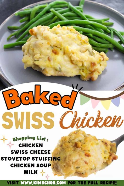 Chicken Swiss Stuffing Casserole, Swiss Chicken Bake With Stuffing, Chicken Swiss Cheese Stuffing Casserole, Quick Stuffing, Creamy Swiss Chicken, Swiss Cheese Chicken, Swiss Chicken Bake, Easy Baked Chicken Breast Recipes, Swiss Chicken