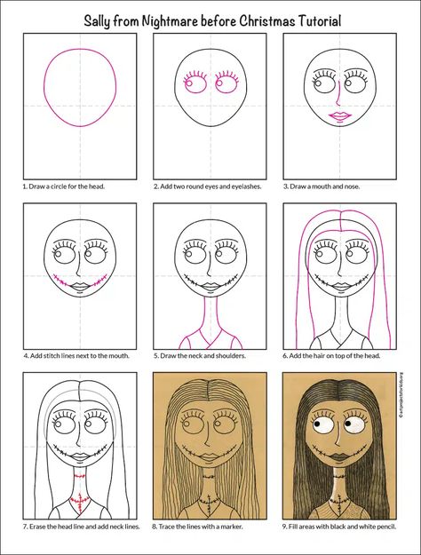 Tim Burton Art Projects For Kids, How To Teach Drawing, How To Draw Nightmare Before Christmas, Tim Burton Drawings Easy, How To Draw Halloween, How To Draw, Cute Christmas Doodles, Tim Burton Drawings Style, Sally From Nightmare Before Christmas