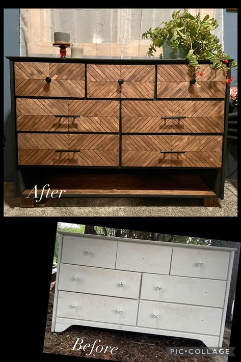 Added a shelf on bottom to raise height of dresser. Flat black paint and walnut stain goes well together. Black And Brown Dresser, Black And Wood Dresser, Black Dresser Diy, Dresser Makeover Diy, Flat Black Paint, Stained Dresser, China Cabinet Makeover, Brown Dresser, Diy Dresser Makeover