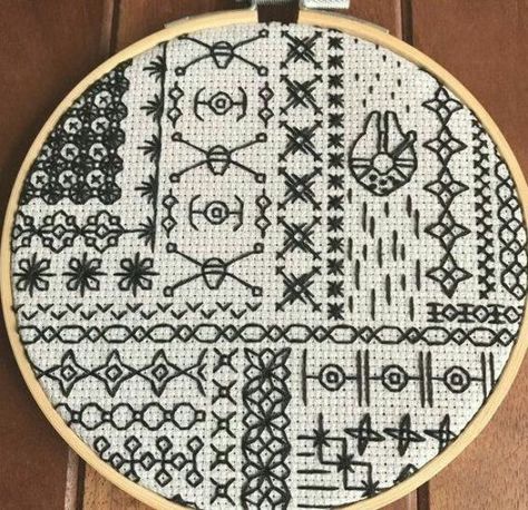 Embroidery Designs For Everything Star Wars Embroidery, Geeky Cross Stitch Patterns, Blackwork Embroidery Designs, Geeky Cross Stitch, Blackwork Embroidery Patterns, Blackwork Patterns, Blackwork Embroidery, Beautiful Cross Stitch, Needlework Embroidery