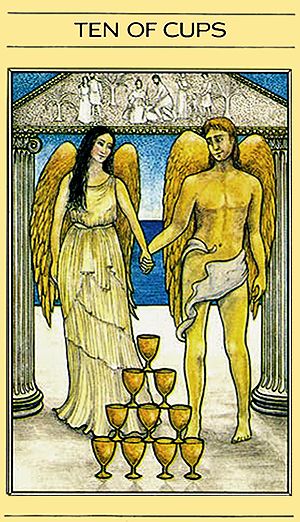 Free Daily Tarotscope — Apr 7, 2015 — Ten of Cups -- Today you may be thinking about your “happily ever after” in the form of a marriage or soul-mate type relationship. The symbolism depicted in this card — from the Mythic Tarot’s deck — certainly depicts this type of union. (more).... Ten Of Cups, Eros And Psyche, Cups Tarot, Free Tarot Reading, Daily Tarot, Tarot Cards Art, Angel Cards, Tarot Card Meanings, Minor Arcana