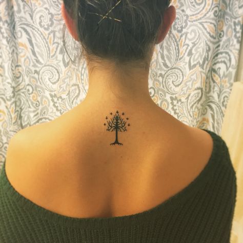 Tree of Gondor tattoo #tattoo #lotr #treeofgondor Lord Of The Rings Tattoo Tree Of Gondor, Lots Of The Rings Tattoo, Feminine Lord Of The Rings Tattoo, Gondor Tree Tattoo, White Tree Of Gondor Tattoo, Lotr Tatoos, Gondor Tattoo, Tree Of Gondor Tattoo, Tolkien Tattoo