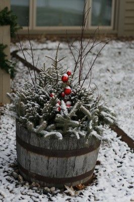 Winter Barrel Planter Ideas, Whiskey Barrel Planter Christmas Decor, Winter Whiskey Barrel Planter, Christmas Whiskey Barrel, Whiskey Barrel Christmas Decor, Winter Pots, Whiskey Barrel Planter, Porch Pots, Outdoor Christmas Planters