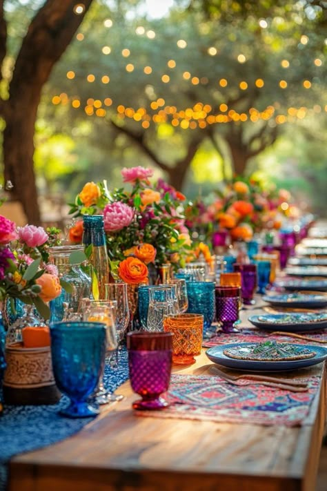 Colorful Boho Wedding Table Setting, Wedding Multicolor Decoration, Jewel Tone Boho Wedding Decor, Mismatch Wedding Table Decor, Indian Inspired Wedding Decor, Art Inspired Wedding Decor, Colorful Votives Wedding, Wedding Table Decorations Colourful, Vibrant Wedding Reception Decor