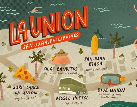 Illustrated map of a neighborhood in La Union, Philippines. Food Magazine Cover, La Union Philippines, Hot Illustration, Design Print Layout, Philippines Tourism, Philippine Map, Colourful Illustration, Illustrated Maps, Branding Portfolio