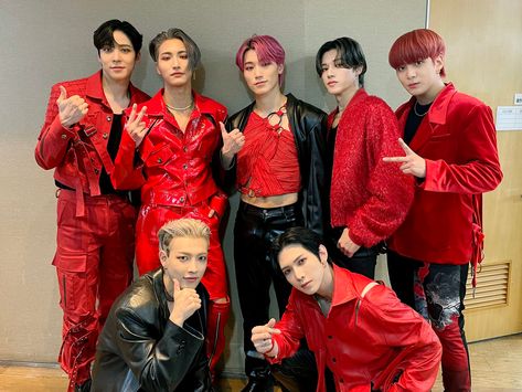 Music Video Fashion: ATEEZ - Fireworks (I'm The One) J Hope Selca, Concert Fits, Woo Young, Kim Hongjoong, Red Outfit, Twitter Update, Group Photos, One Team, Record Label