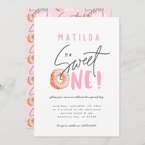 Donut First Birthday Party, Sweet One 1st Birthday, Peach First Birthday, Donut First Birthday, Cute Birthday Party Ideas, Bunny 1st Birthday, Little Miss Onederful, Purple Invitation, Unicorn 1st Birthday