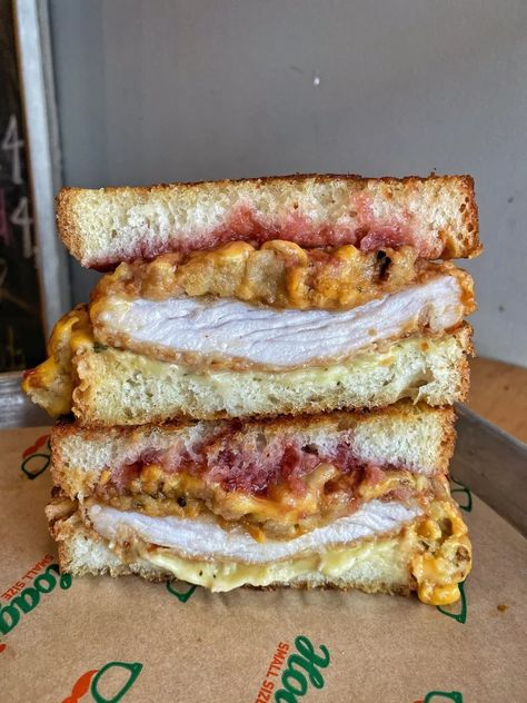 Gobbler Sandwich, Thanksgiving Sandwich, Bacon Gravy, Parmesan Mashed Potatoes, Classic Turkey, Jalapeno Sauce, Pickle Chips, Candied Sweet Potatoes, Potato Puree