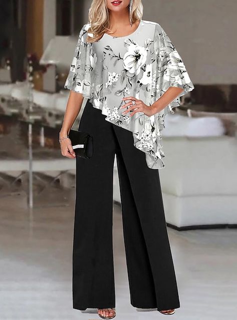 Plus Size Casual Outfits, Wide Leg Pants Outfits, Asymmetrical Hem Top, Leg Pants Outfit, Floral Two Piece, Jumpsuit Online, Elegante Casual, Classy Casual Outfits, Hem Top