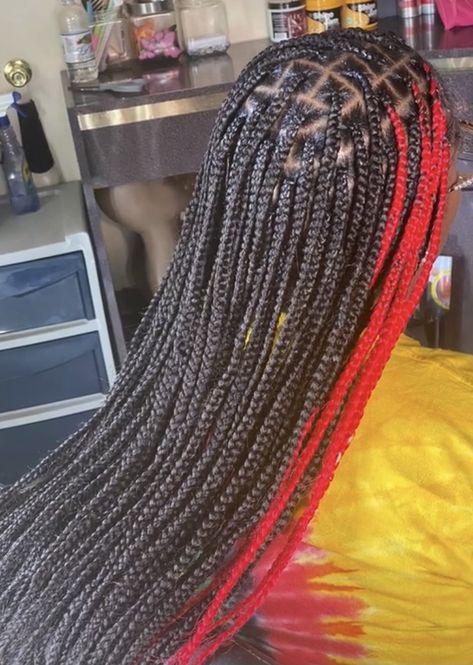 Skunk Streak Braids, Red Skunk Stripe Braids, Peekaboo And Skunk Stripe Box Braids, Red Peekaboo Knotless Braids, Red And Black Knotless Braids, Dark Red Braids, Red Skunk Stripe, Peekaboo Box Braids, Red Box Braids