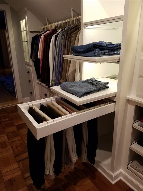 Custom Walk-in Closet, slanted ceilings...full extension pull-out pants rack. Organizar Closet, Dressing Design, Attic Closet, Dream Closet Design, Pants Rack, Closet Design Layout, Walk In Closet Design, Luxury Closets Design, Closet Renovation