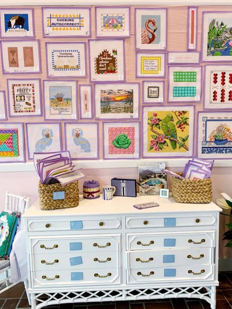 Needlepoint for Beginners: a Complete Starter's Guide | Carly A. Hill Cross Stitch Gallery Wall, Needlepoint Display Ideas, Cool Needlepoint, Preppy Cross Stitch, Needlepoint Gift Ideas, Framed Needlepoint Art, Needle Point Canvas, Hamptons Apartment, Needlepoint Storage