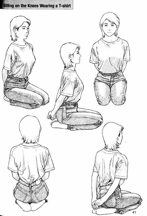 Kneeling Pose Reference Back View, Person Kneeling Reference Front View, Tied To Chair Drawing Reference, Person From Behind Drawing, Pose Reference Back View, Sitting On Knees Reference, Pose Duduk, Clothes Trousers, How To Draw Manga