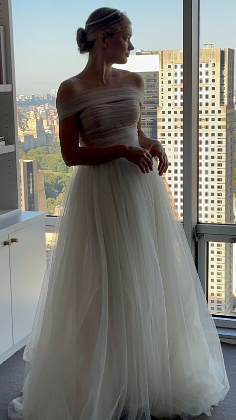 Off-the-shoulder wrap tulle dress (Designer: Soucy) Wedding Dress Tulle Sleeves, Wedding Dresses With Sleeves Lace, Beige Wedding Dress, Wrap Wedding Dress, Wedding Dress Shop, Occasion Dresses Wedding, Wedding Dresses With Sleeves, Dress Designer, Wedding Dress Trends