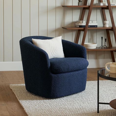 Catalina Blue Fabric Swivel Lounge Chair | Turoy | Article Boucle Swivel Chair, Living Room Pieces, Mid Century Modern Lounge, Mid Century Modern Lounge Chairs, Swivel Lounge Chair, Article Furniture, Glider Chair, Law Office, Blue Chair