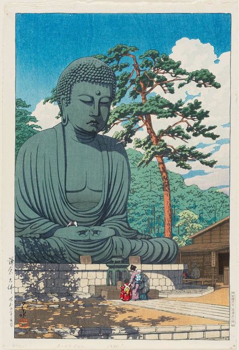 Dr Laxshmi Greaves on Twitter: "I absolutely love this woodblock print by Kawase Hasui, 1930, 'Kamakura Buddha'. Especially the pair of birds sitting on his hands and the three generations of women paying their respects.… https://t.co/nMoXR4spbt" Japanese Traditional Art, Kawase Hasui, Wood Block Prints, Ancient Japanese Art, Art Buddha, Japanese Art Prints, Old Japan, Japanese Artwork, Japanese Print