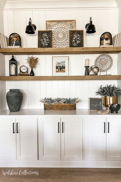 Home Shelf Ideas, Decorating Long Shelves In Living Room, Long Shelf Styling Living Rooms, Shelf Filler Ideas, Farmhouse Bookshelf Decor Living Room, Farmhouse Shelving Decor, Kitchen Bookcase Ideas, Living Room Shelf Decor Ideas Built Ins, Decorating A Floating Shelf