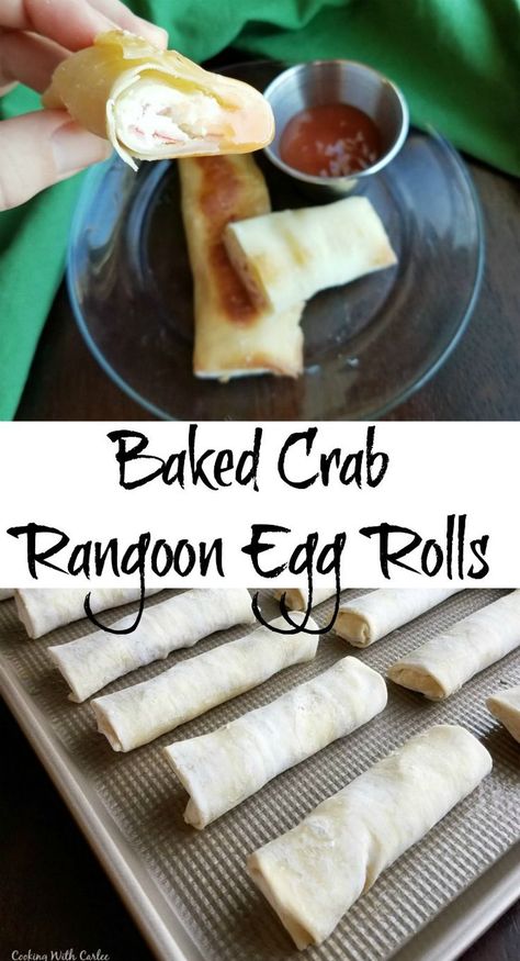 Enjoy the flavor of crab rangoon at home in a fun egg roll package, easily crisped in the oven! They are fun to make and perfect for parties. Rangoon Rolls, Crab Rangoon Egg Rolls, Baked Crab Rangoon, Egg Roll Recipe, Baked Crab, Rangoon Recipe, Crab Rangoon Recipe, Crab Rolls, Crab Rangoon