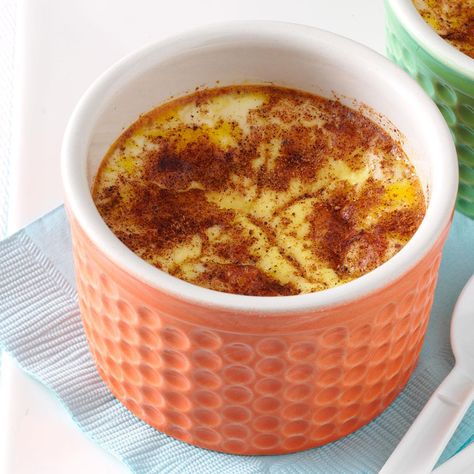 Baked Custard with Cinnamon Recipe -Mother made this comforting custard when I was growing up on the farm. It was wonderful after a chilly evening of doing chores. Now I fix it for my husband and four sons. —Mary Kay Morris, Cokato, Minnesota How To Make Custard, 5 Ingredient Desserts, Custard Cake Recipes, Easy Custard, Custard Sauce, Baked Custard, Custard Desserts, Lemon Custard, Cranberry Bread