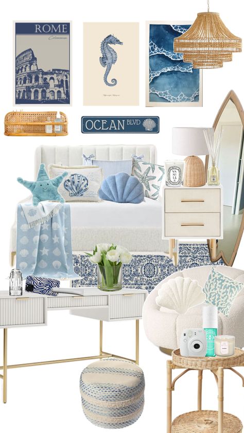 Navy Blue And White Bedroom Aesthetic, Navy And Gold Bedroom Decor, Blue Beach Room Aesthetic, Blue White And Gold Dorm Room, Clean Girl Room Aesthetic Navy Blue, Blue Beach Aesthetic Bedroom, Ocean Room Ideas, Gold Bedroom Decor, Beach Room Decor