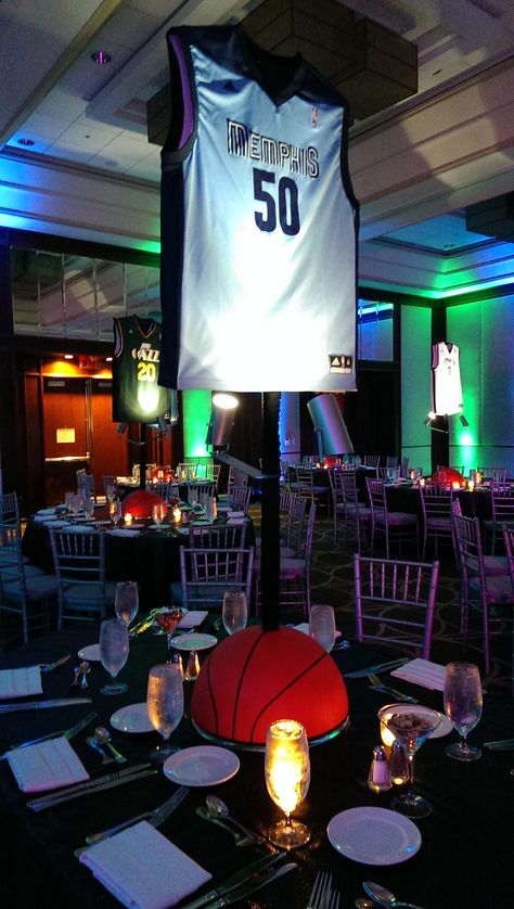 Basketball and jersey centerpiece | The Prop Factory | Flickr Jersey Theme Party Decorations, Jersey Centerpiece, Basketball Centerpiece Ideas, Bar Mitzvah Baseball Theme, Vs 2000s, Basketball Snacks, Basketball Centerpieces, Basketball Banquet, Birthday Football