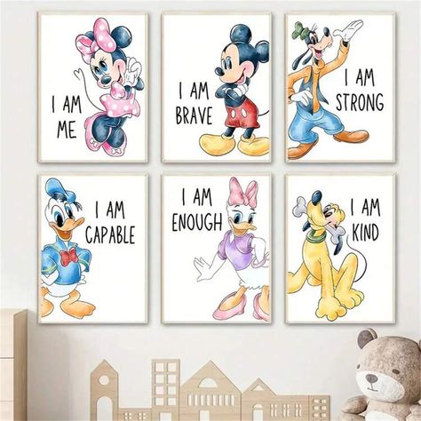 1/6pcs Unframed Canvas Poster, Modern Art, Disney Mickey Mouse And Donald Duck Cartoon Wall Art Poster, Inspirational Quote Painting, Ideal Gift For Bedroom Living Room Corridor, Wall Art, Wall Decor, Winter Decor, Room Decoration | SHEIN USA Disney Room Decor For Kids, Disney Playroom, Mickey Mouse And Donald Duck, Donald Duck Cartoon, Cartoon Wall Art, Quote Painting, Disney Room Decor, Disney Canvas, Diy Pottery Painting