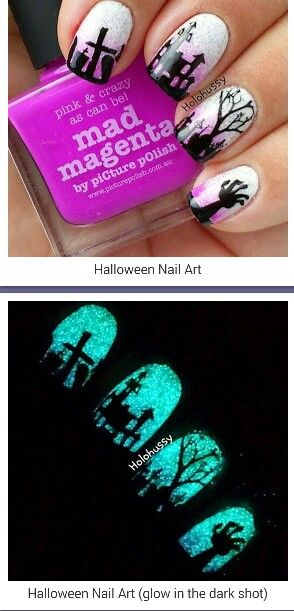 Halloween graveyard nail art including glow in the dark polish Graveyard Nails, Halloween Nail Art Designs, Cotton Candy Nails, Halloween Nails Diy, Glow Nails, Holiday Nail Art, Nails Halloween, Diy Nail Designs, Halloween Nail Designs