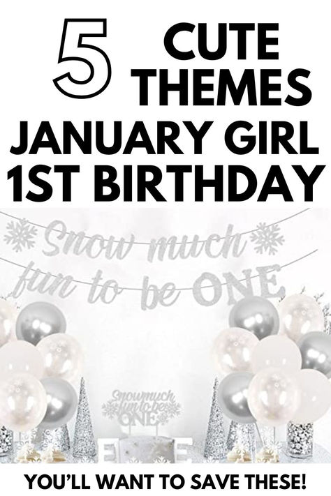 Snow-themed January girl 1st birthday party with silver and white balloons and 'Snow Much Fun to Be One' banner. First Birthday Party Winter, Baby Girl First Birthday Theme January, First Bday Themes Girl, January First Birthday, January 1st Birthday Girl, January First Birthday Girl, First Birthday Girl Themes Winter, Girl First Birthday Party Ideas Winter, Winter 1st Birthday Party Girl