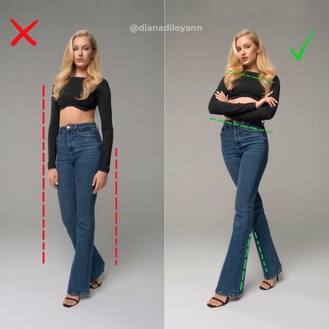 Comment “POSE” to get content creation guide for free!👇🏻 Striking the perfect pose can make all the difference in how confident and powerful you look in photos. The left side shows how a rigid, straight stance can make you look less dynamic, while the right side demonstrates how a simple adjustment can create a more elegant and flattering silhouette🥰 Share with a friend and follow @dianadiloyann for more useful tips ❤️ #howtopose #poseideas #photography #photoidea Pose Reference Photo Elegant, Confident Walk Pose, Back Side Photo Pose, Power Stance Pose Reference, Pose Confident, High Angle Pose, Confident Pose Reference, Phone Photography Ideas, Posing Ideas For Women