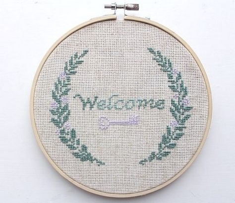 welcome my dear, cross stitch hoop art Cylinder Pillow, Cross Stitch Hoop, Family Ideas, Cross Stitch Alphabet, Hoop Art, Branding Design Logo, Welcome Sign, Free Crochet Pattern, Free Crochet