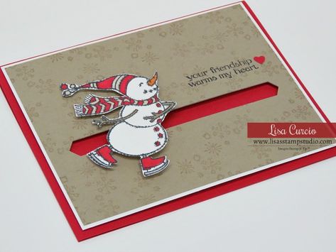 How to Make a Snowman Slider Card - Lisa's Stamp Studio Stampin Up Spinner Card Tutorial, Spinner Christmas Cards, Spinner Card Tutorial, Snowman Christmas Cards Diy, Stampin Up Slider Cards, Stampin Up Snow Much Fun, Stampin Up Slider Card Tutorial, Snowman Magic Bundle Stampin Up Cards, Christmas Cards Handmade Stampin Up Ideas