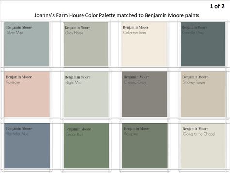 Joanna’s Farm House Color Palette matched to Benjamin Moore paints (2 of 2) House Color Palette, Siding Ideas, Small Bathroom Colors, 2022 Design, House Color Palettes, Small Entryways, Farm House Colors, Benjamin Moore Colors, House Color