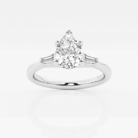 7/8 ctw Pear Lab Grown Diamond Engagement Ring with Tapered Baguette Side Accents Platinum, FG, VS2 Baguette Engagement Ring, Elongated Cushion, Lab Grown Diamond Engagement Ring, Side Stone Engagement Ring, Lab Grown Diamonds Engagement, Three Stone Engagement, Three Stone Engagement Rings, White Gold Engagement Rings, Stone Engagement Rings