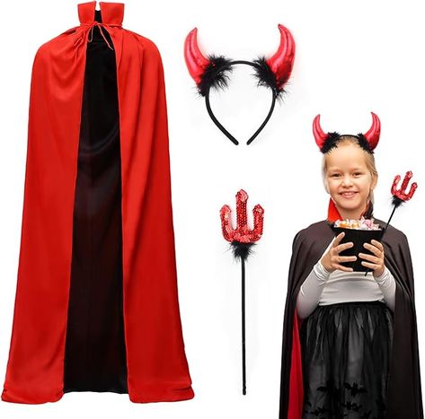 – Red & Black Cape (150cm), Horn Headband, Sequin Trident – Perfect for Halloween Fancy Dress Parties & Themed Events Halloween Devil Costume, Devil Halloween, Devil Costume, Horn Headband, Black Cape, Halloween Bash, Halloween Fancy Dress, Themed Events, Fancy Dresses Party