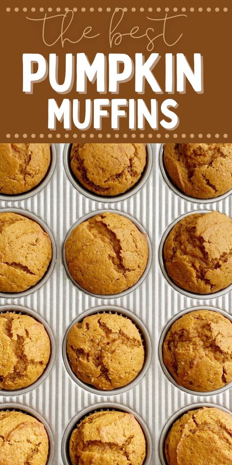 A picture of pumpkin muffins inside a muffin pan with a text overlay on top with the title of the recipe. Pumpkin Muffins No Butter, Easy Pumpkin Muffins Simple, The Best Pumpkin Muffins, Healthy Pumpkin Muffins Easy, Muffin Recipes Pumpkin, Pancake Mix Muffins, Pumpkin Bread Muffins, Healthy Pumpkin Muffins, Pumpkin Oatmeal Muffins