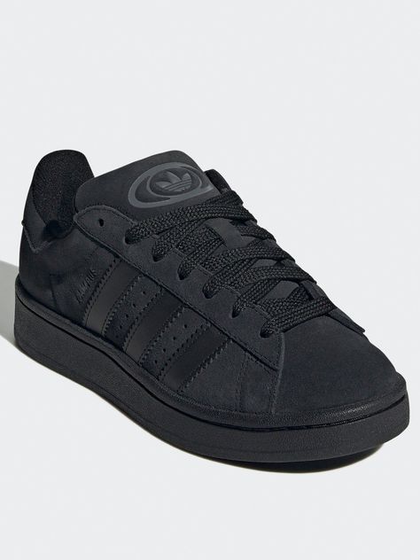 Adidas originals older unisex campus 00s trainers size & fit standard fit available in sizes: 3 - 5.5 older half sizes All Black Campus 00, All Adidas Shoes, Black Campus 00s, Black Shoes Outfit Sneakers, Adidas Black Shoes, Adidas Campus Black, Adidas Campus 00s Black, Campus 00s Black, Black Shoes Outfit