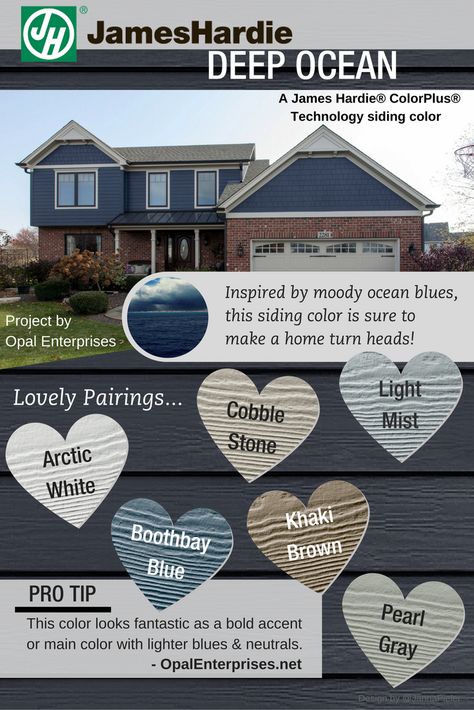 Deep Ocean James Hardie Siding Inspiration Graphic - moody blues, sophisticated, stunning! House With Siding, Hardie Siding Colors, James Hardie Siding Colors, Unique Houses Exterior, Gray Siding, Hardie Board Siding, Blue Siding, Hardie Board, Grey Siding