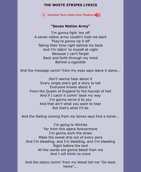 "Seven Nation Army" by The White Stripes Piano Notes Songs, Seven Nation Army, Drums Sheet, Drum Sheet Music, Dance Stuff, Quotes Lyrics, Army Quotes, Music Quotes Lyrics, The White Stripes