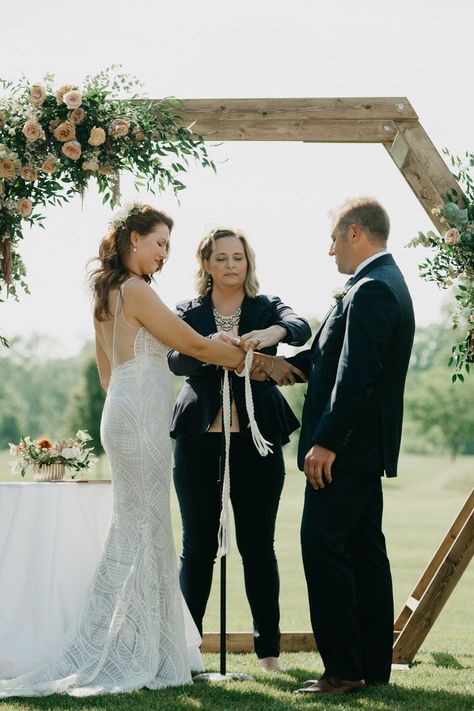 Celtic Handfasting Cord in gold and ivory being used in a ceremony. Tie The Knot Rope Wedding, Hand Tie Wedding Ceremony, Irish Knot Tying Ceremony, Celtic Knot Wedding Ceremony, Wedding Rope Braid Ceremony, Wiccan Wedding, Photography Checklist, Irish Wedding Traditions, Handfasting Ceremony