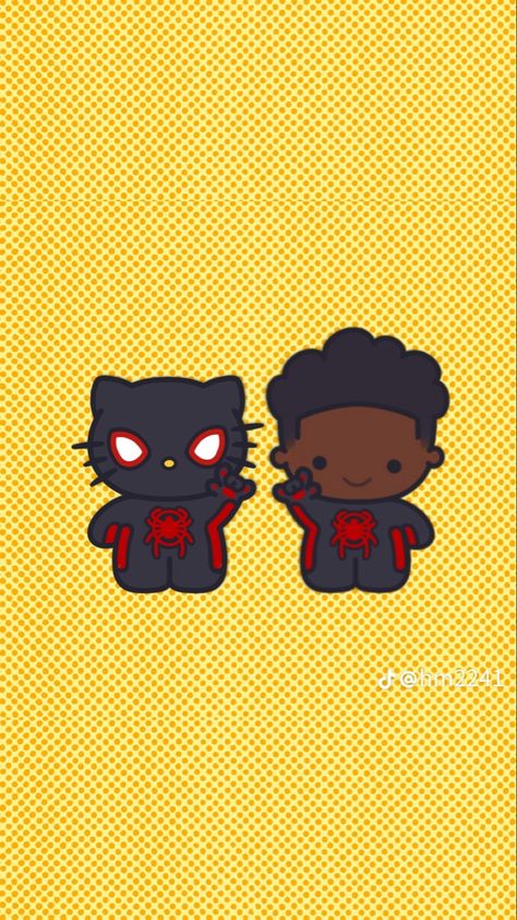 Miles Morales And Hello Kitty, Hello Kitty And Miles Morales, Miles Morales Hello Kitty, Chibi Miles Morales, Atsv Wallpaper, Walpapers Cute, Miles Spiderman, Funko Pop Dolls, Spaider Man