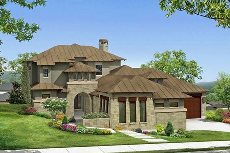 HousePlans.com 80-198 Texas Style Homes, Tuscan House Plans, Bathroom French Country, Castle Plans, Prairie Design, Mediterranean Style House, Courtyard Entry, Mediterranean Style House Plans, Prairie Style Houses