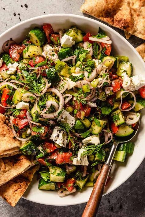 Simple Turkish Shepherd's Salad with Herbs — Zestful Kitchen Shepherds Salad, Shepherd Salad, Dill Ranch Dressing, Salad With Herbs, Turkish Salad, Stuffed Anaheim Peppers, Spicy Salad, Vegan Salads, Grilled Chicken Thighs