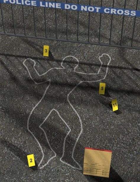 In this picture is a chalk outline of a victims body this will help you with a little evidence from the dead body. A chalk outline is a temporary outline drawn on the ground outlining evidence at a crime scene. The outline provides context for photographs of the crime scene, and assists investigators in preserving the evidence. Chalk Body Outline, Chalk Outline, Scene Del Crimine, Detective Aesthetic, Body Outline, Forensic Psychology, My Future Job, Mystery Dinner, Mystery Party