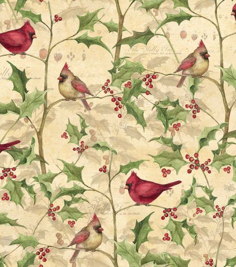 Susan Winget Cotton Print Fabric 43''-Cardinal on Vines Christmas Decoupage, Holly Tree, Susan Winget, Christmas Cardinals, Festive Crafts, Holiday Fabric, Vine Design, Holly Berries, Fabric Birds