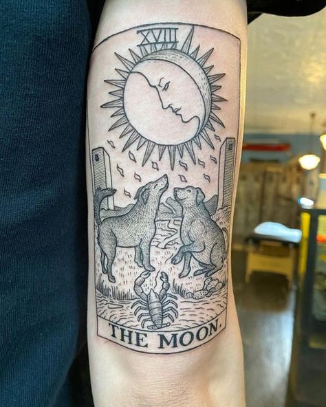 Dog Tarot Card Tattoo, Witchy Dog Tattoo, Moon And Dog Tattoo, The Moon Tarot Card Tattoo, Dog Moon Tattoo, Tarot Card Tattoo, The Moon Tarot Card, Tarot Tattoo, The Moon Tarot